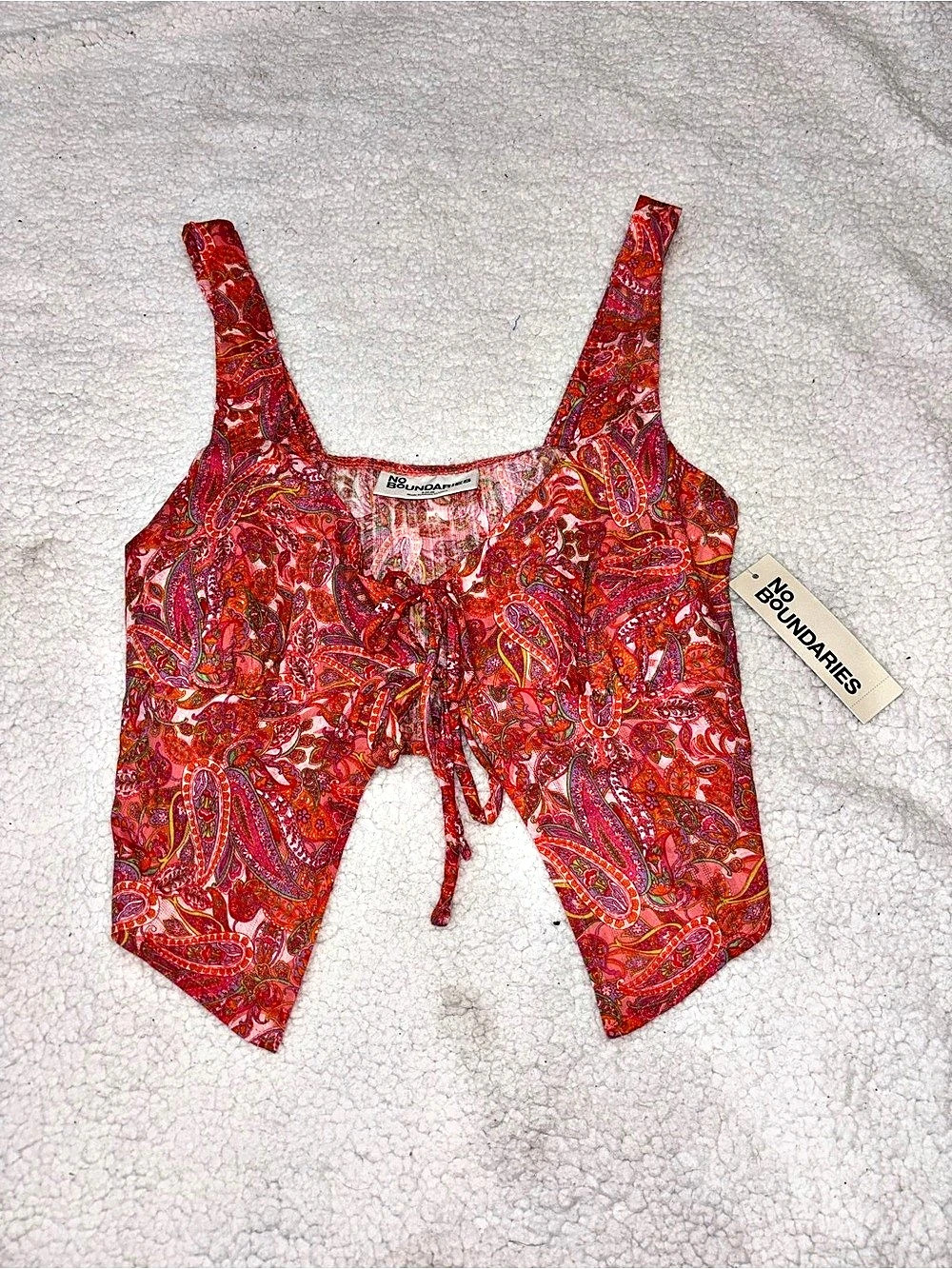 No Boundaries Paisley Tie-Front Crop Top in Orange & Pink Size Small NWT